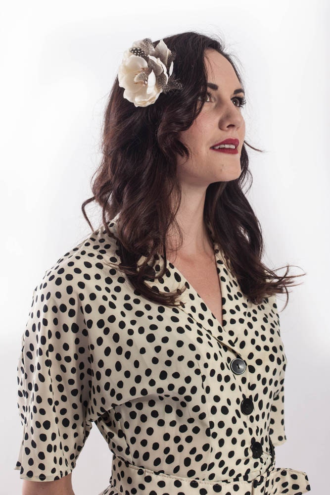 Shara -- Polka Dot feather vintage style hair fascinator with cream magnolia flower