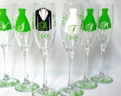 Bridesmaids wine flutes, champagne glasses, Match your wedding colors.  Bride and Groom flutes, lime green and white