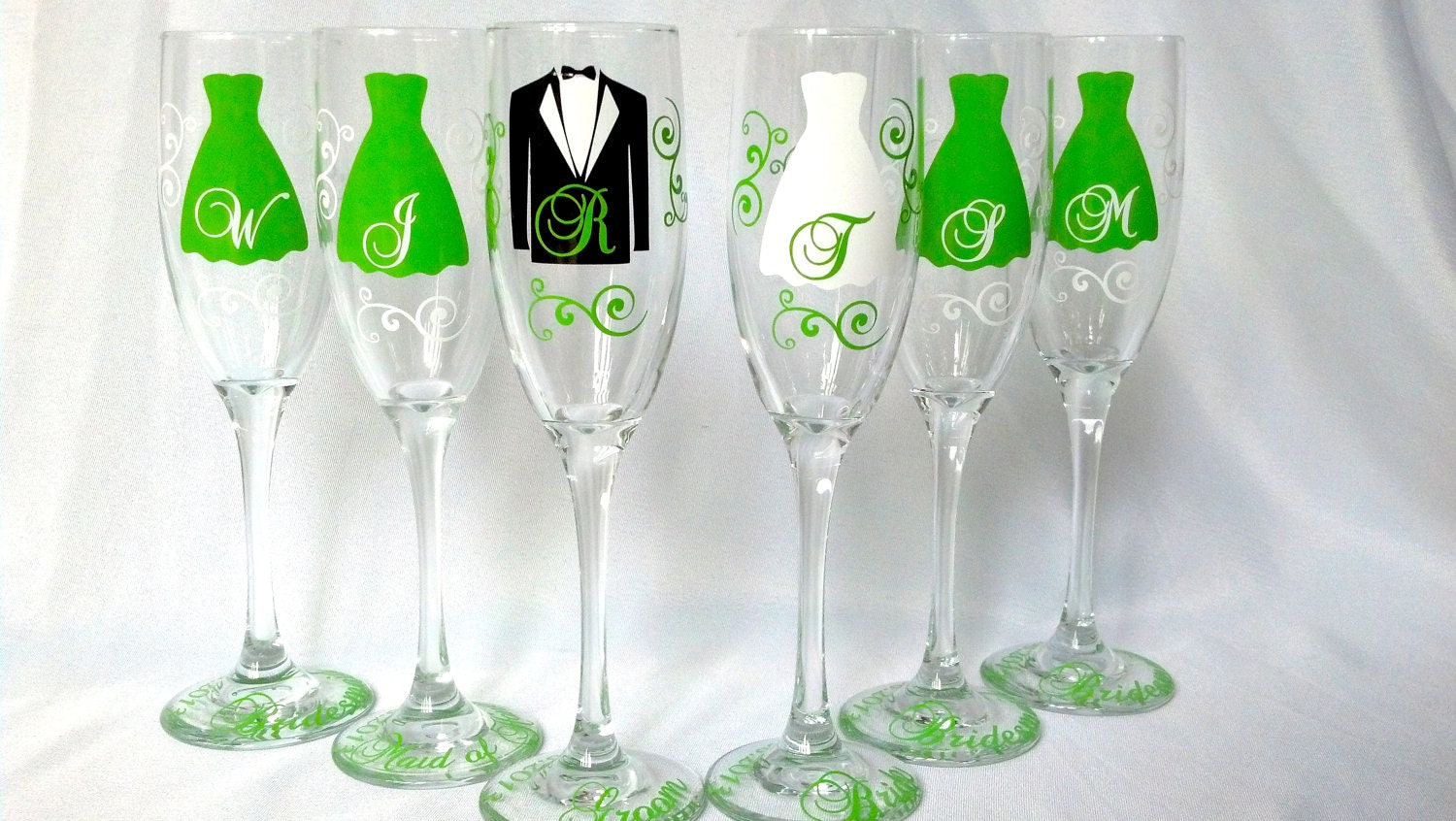 Bridesmaids wine flutes, champagne glasses, Match your wedding colors.  Bride and Groom flutes, lime green and white
