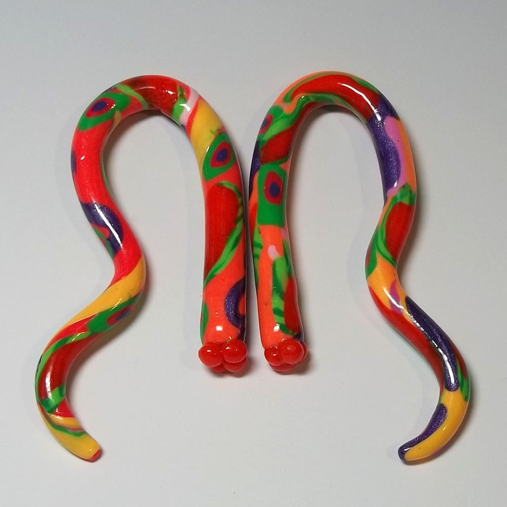 Gauges, 2g plugs.  Picasso, neon colors, abstract design. Polymer clay dangle plugs for stretched ears.