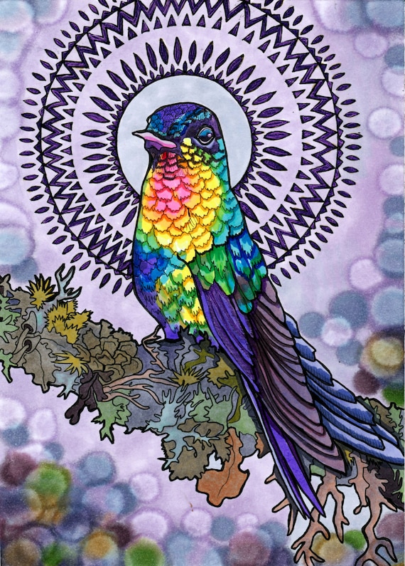 ... Bird Drawing in Violet Marker and Reactive Shimmering Paint) on Etsy