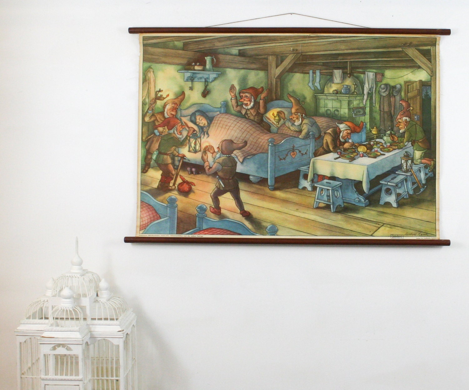 Vintage Pull Down School Chart, Snowwhite and the 7 dwarfs, Nursery Decor