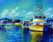 Clouds on the Marina - Large oil painting, boatscape, beach house decor