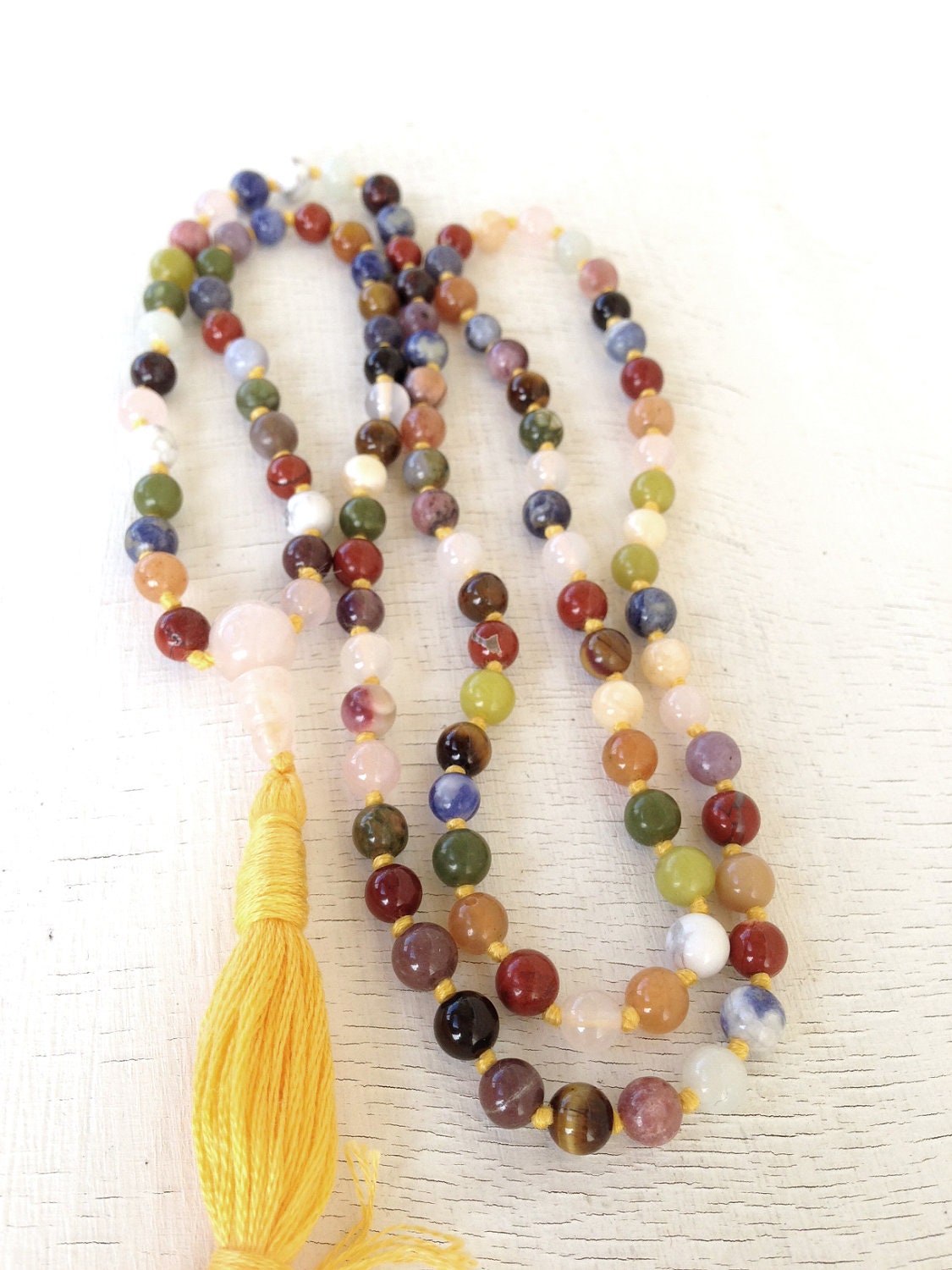 108 bead mala -chakra mix with rose quartz, knotted
