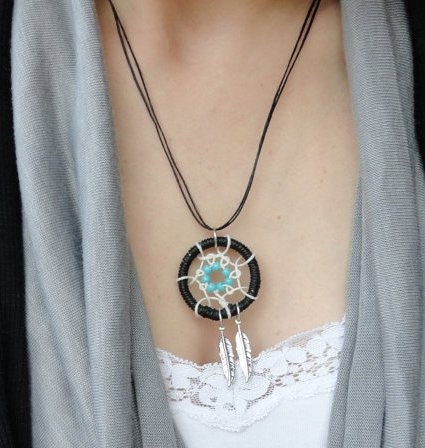 Dream Catcher Necklace, Black, White and Turquoise with Feathers / Dreamcatcher Necklace / Bohemian Jewelry