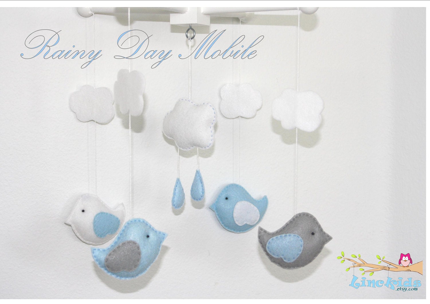 Baby Crib Mobile-Birds in the rain Mobile-custom Made Mobile