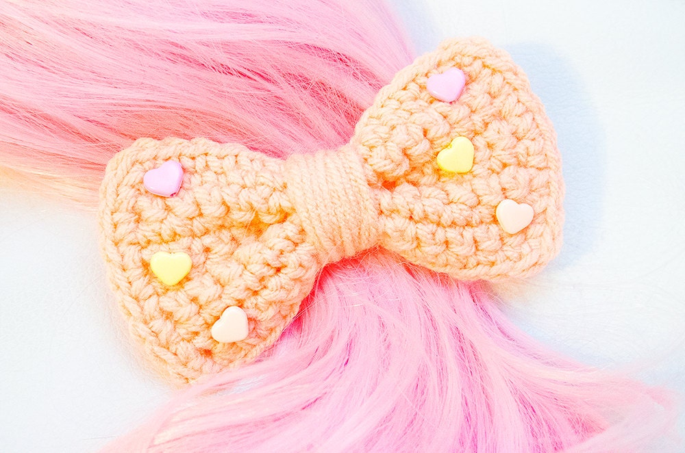 Orange Sherbet with Candy Hearts Crochet Bow Clip