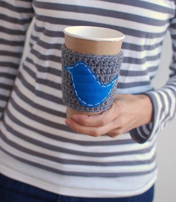 Coffee sleeve, gray with blue bird by The Cozy Project