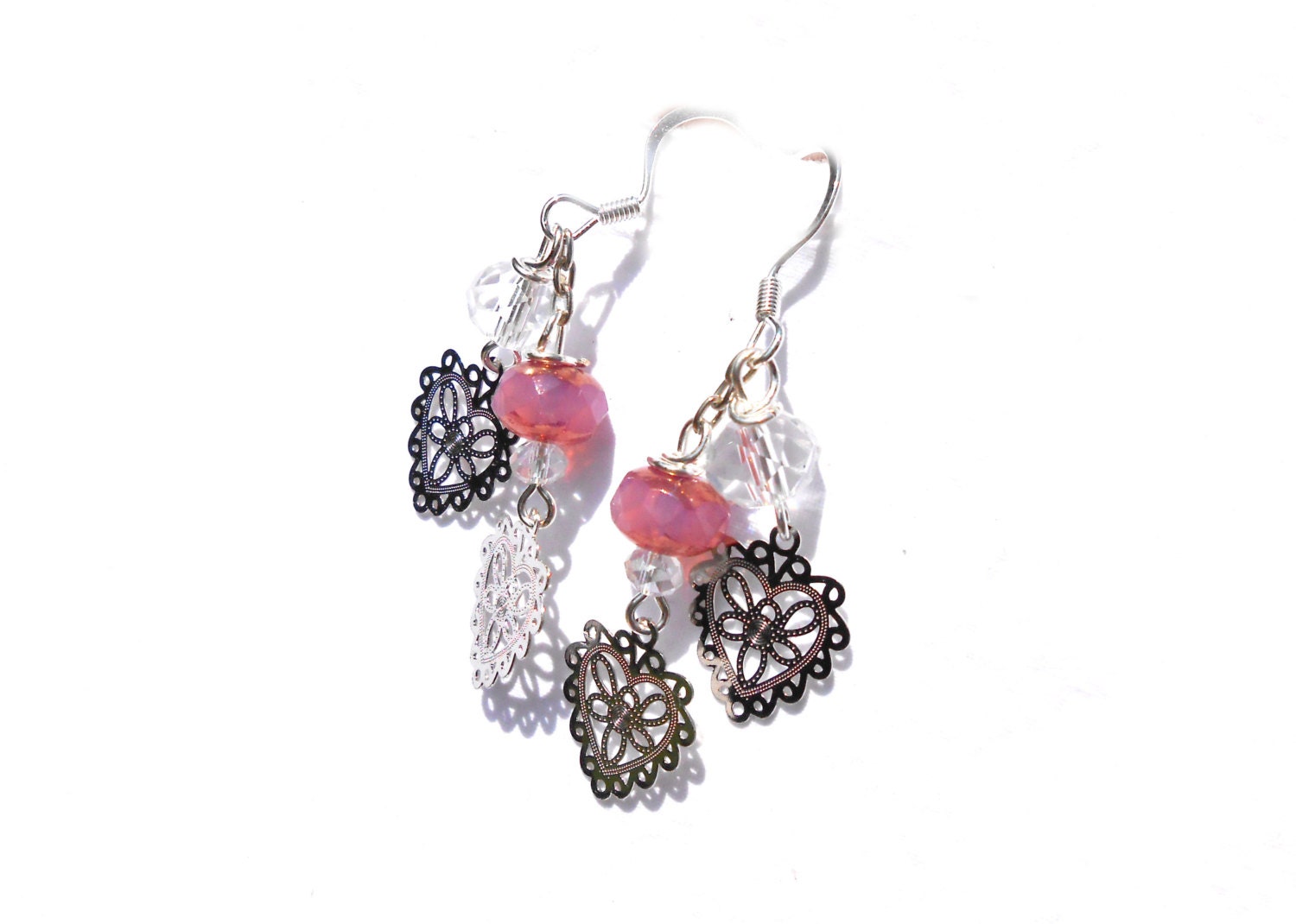Lace Heart Earrings - Sweet - Opal Pink Czech, and Crystal Rondelle Beads - Romantic Earrings