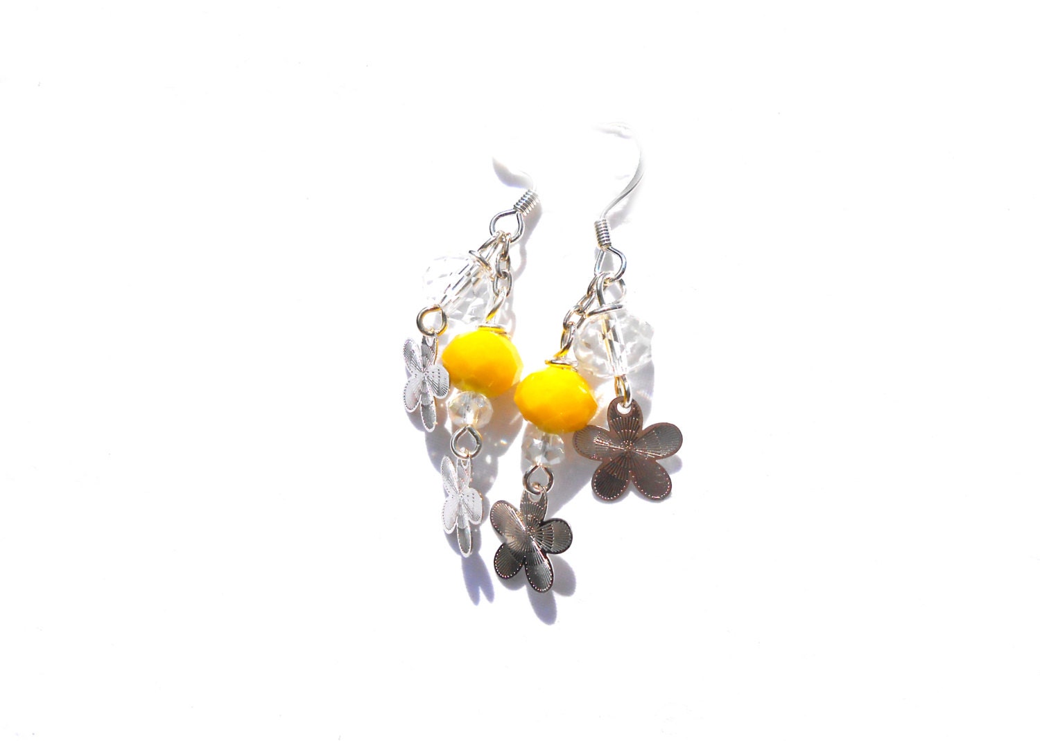 Flower Earrings - Garden Party - Bright Yellow Crystal Rondelle Beads - Dangle, Summer Earrings