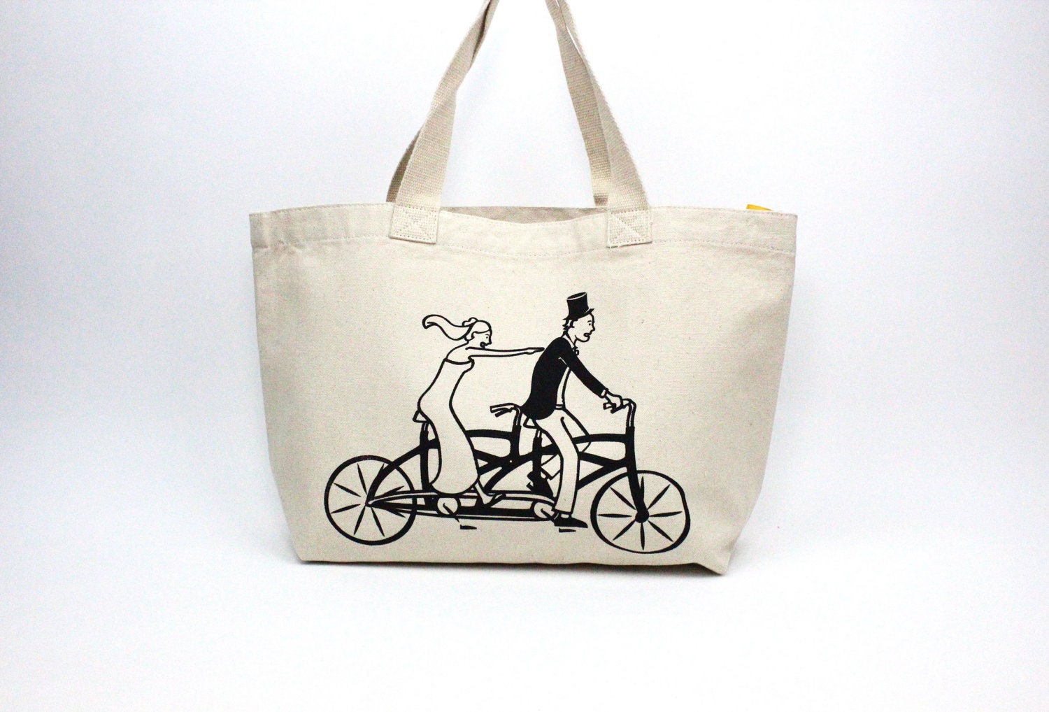Natural Cotton Canvas Tote -  "Tandem Bike Couple"  Design In Black