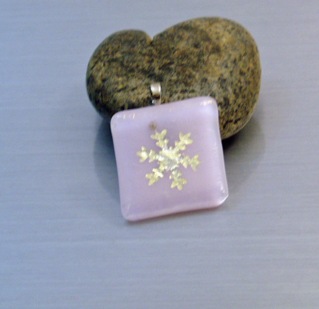 Winter Snowflake Pendant, Christmas Jewelry, Pink Fused Glass Necklace, Silver Foil Snowflake, Stocking Stuffer
