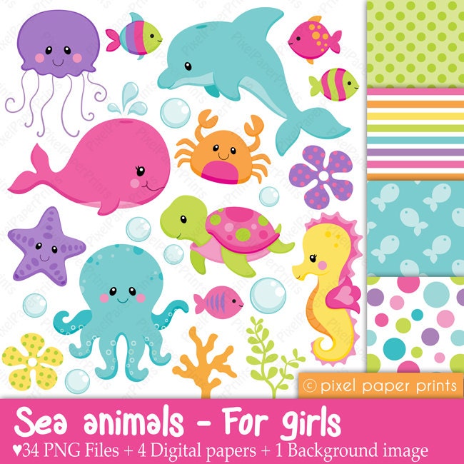 Sea animals for girls - Clip art and digital paper set