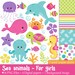 Sea animals for girls - Clip art and digital paper set