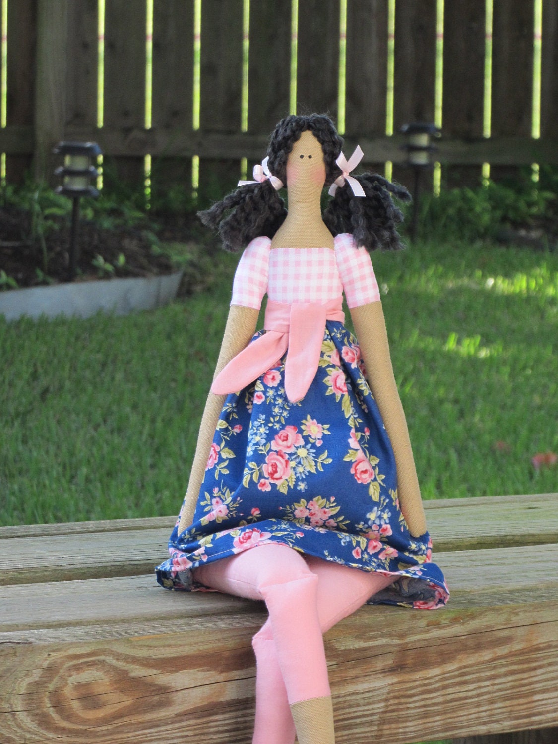 Cute fabric doll in blue and pink rose dress brunette - Handmade cloth doll - stuffed doll summer doll,art doll- gift for girls