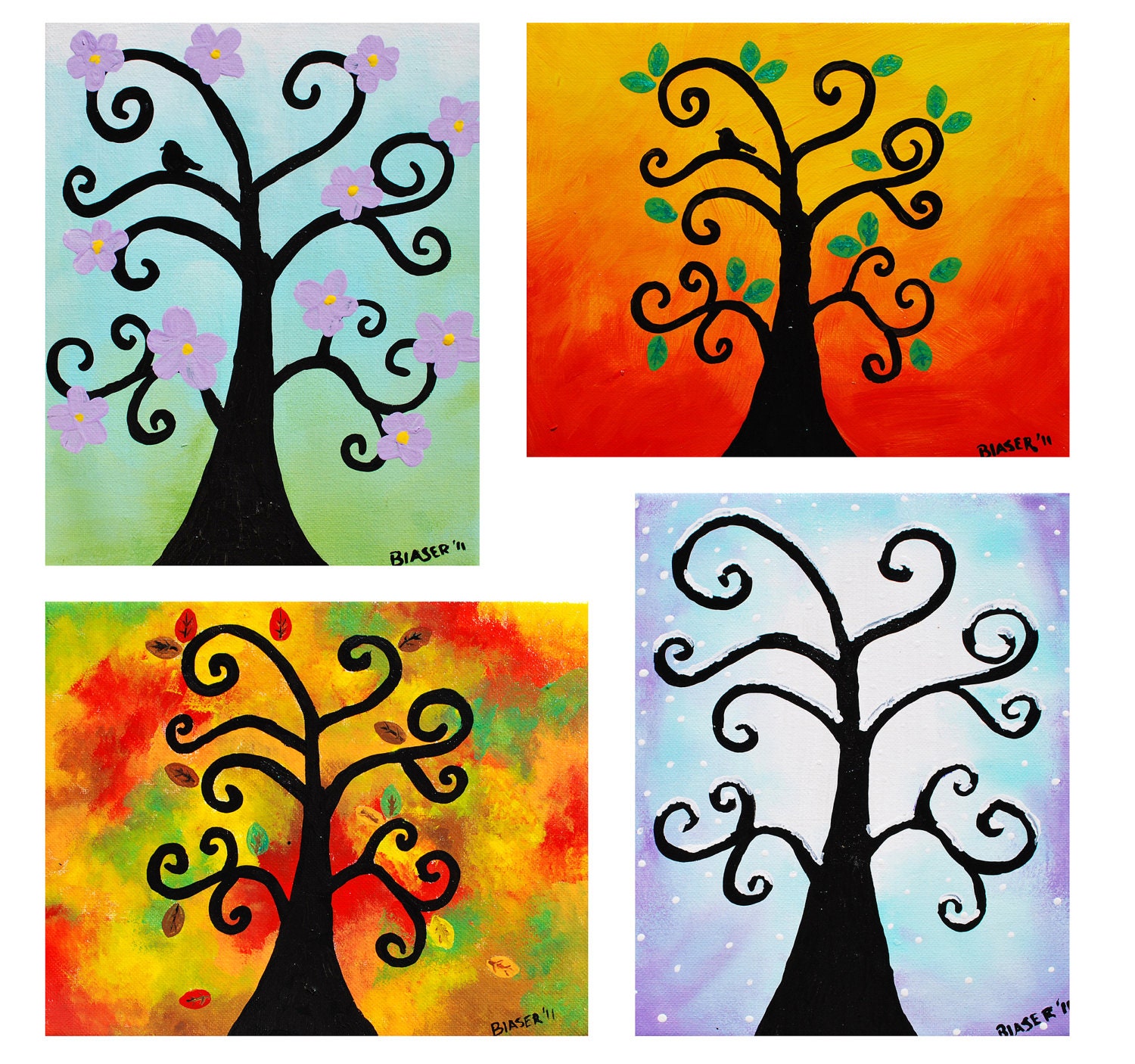 SET OF 4 Abstract Giclee art Print on Stretched 8x10  Canvas Seasons Tree spring summer autum fall winter