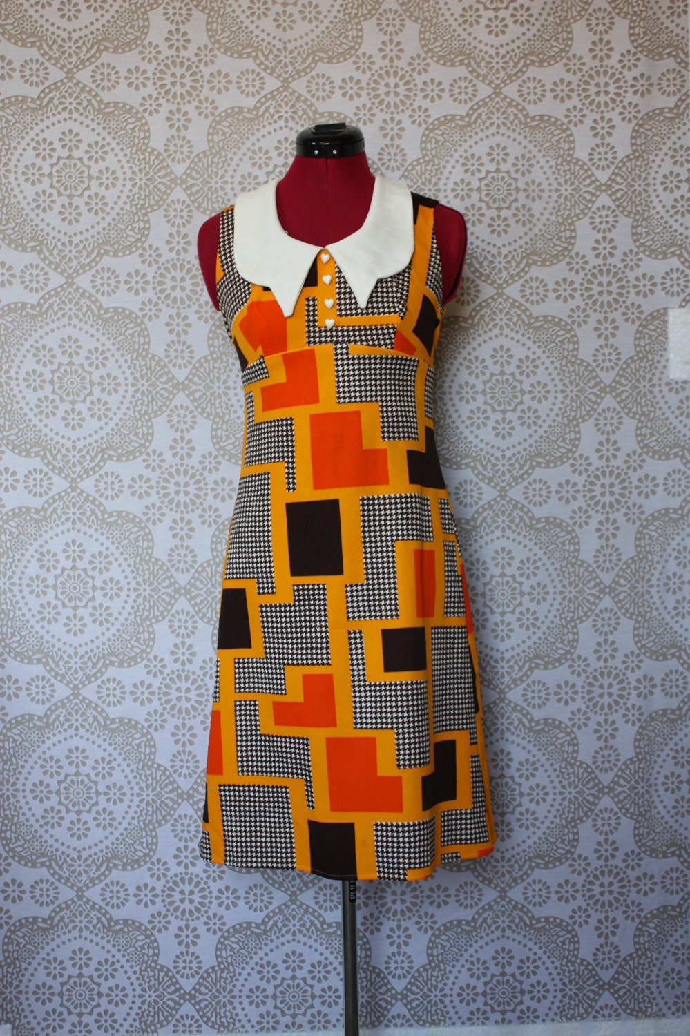 Vintage 1960's 70's Autumnal Geometric Shapes Print Mod Mini Dress S/M