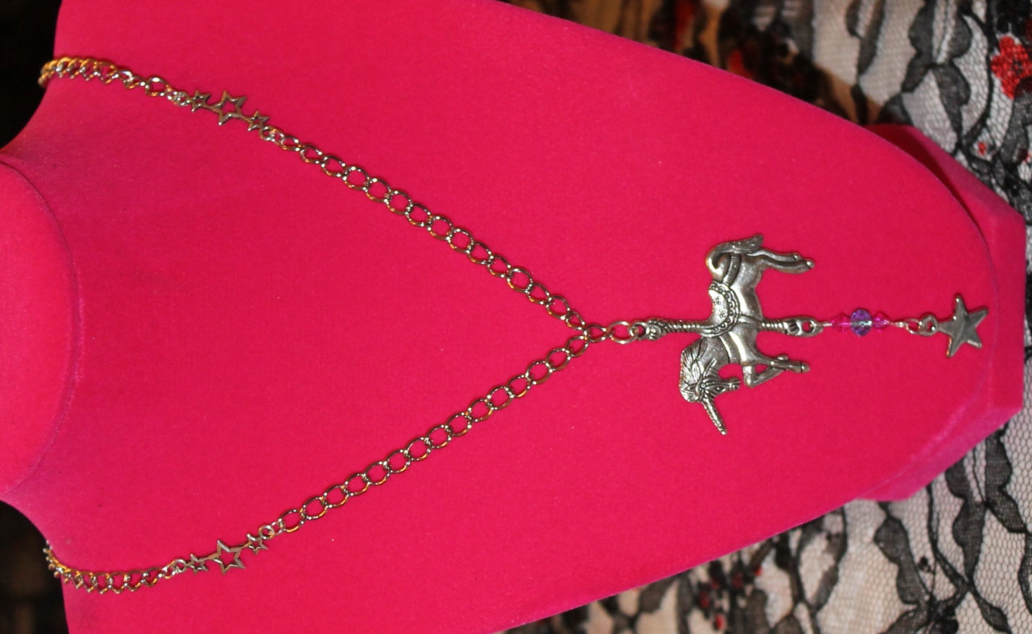 Unicorn Inspired Necklace Unique Handmade Blue Pink Stars Carousel