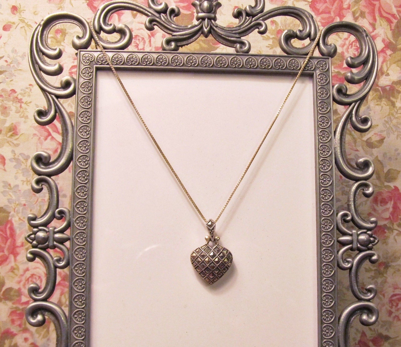 Vintage Marcasite Heart with Box Chain - Sterling Silver