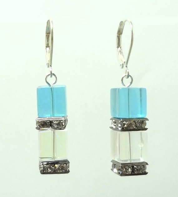 Square Czech Earrings Aqua and  Crystal Cubes with Rhinestone Accents and Silver Lever Back Hooks