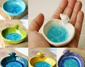 Tiny Bird Bath - Choose Your Color - Custom Ring Dish Home Decor - Crackle Aqua Glass