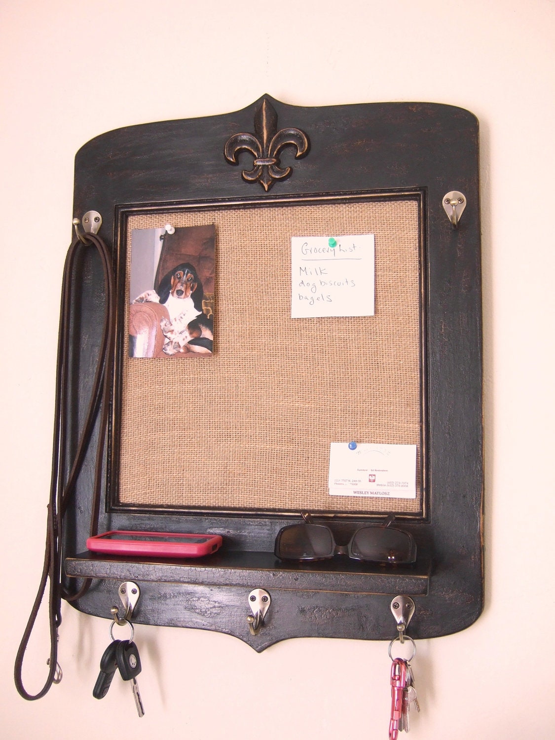 Vintage Style French Bulletin Board with Fleur de Lis, Key Hooks and Shelf
