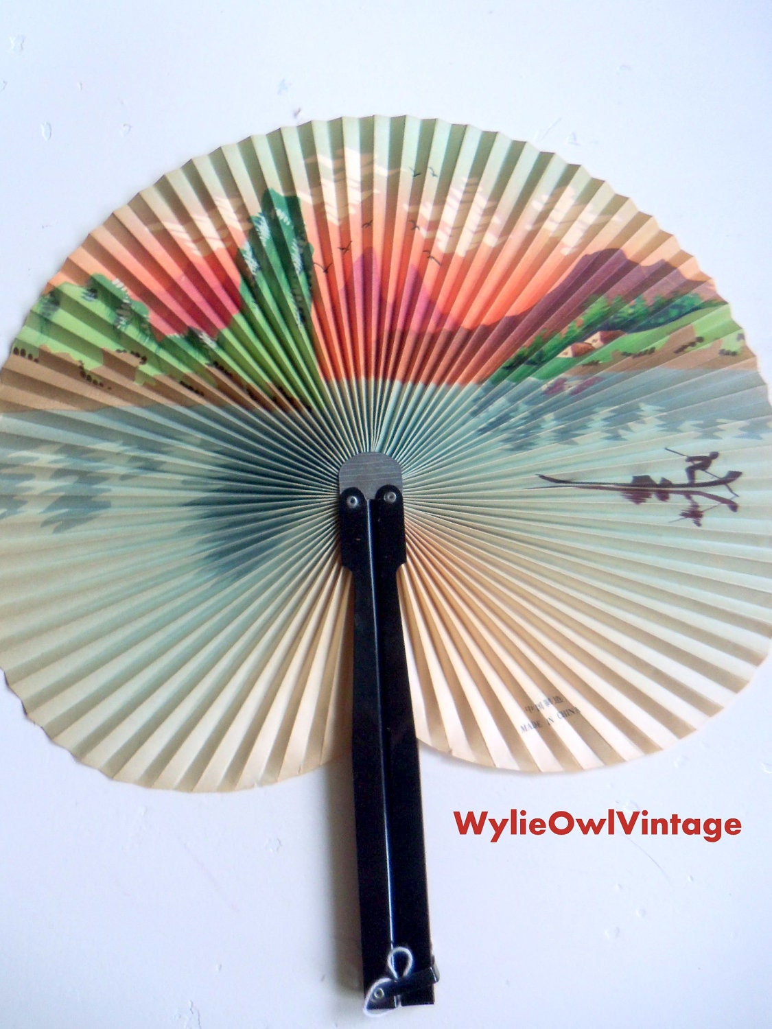 Vintage Chinese Mountain Landscape Paper Hand Fan