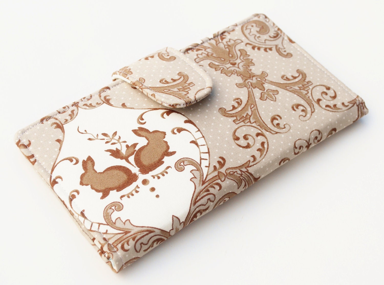 Women's Wallet, Handmade Vegan Clutch, Rabbit Print in Taupe and Light Blue Stripe - Made to Order