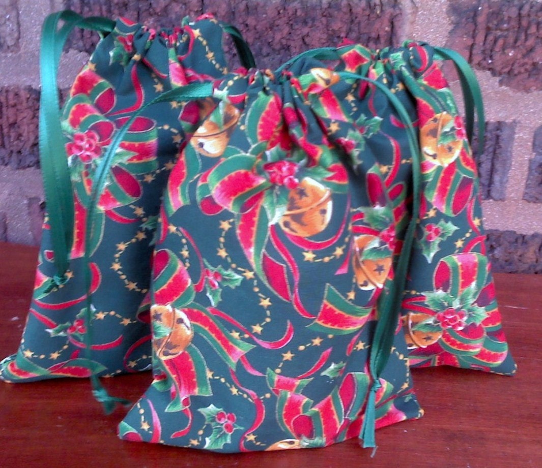 3 Jingle Bell Gift Bags Christmas Upcycled Reusable 5" X 6 1/2"