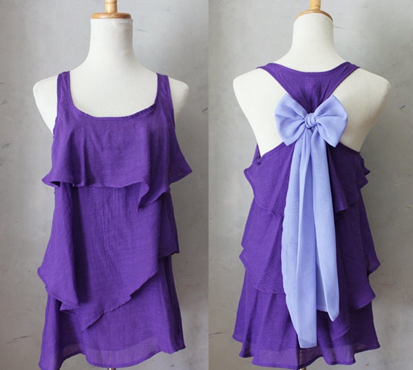 VIOLET AURA - Romantic purple flowy tier blouse // pastel lavender // chiffon sash bow // tunic // tank top // racerback