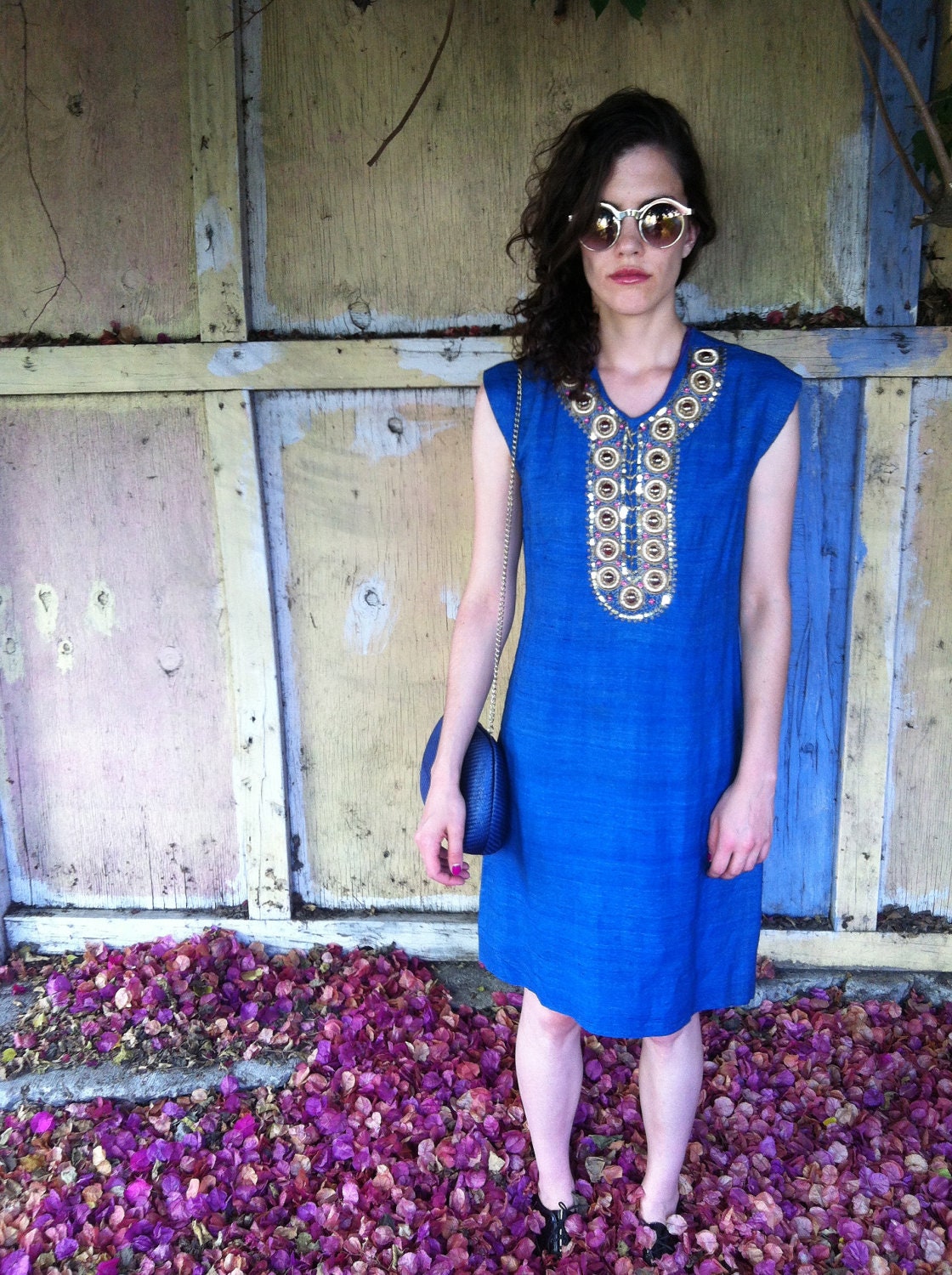 VINTAGE 60s Blue RAW SILK Ethnic Boho Indian Chic Getty Moroccan Mod Shift Dress