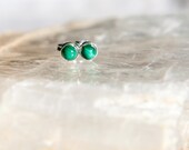 Small Malachite Stud Earrings - Sterling Silver Simple Emerald Green Gemstone Studs -  Heart Chakra, Healing