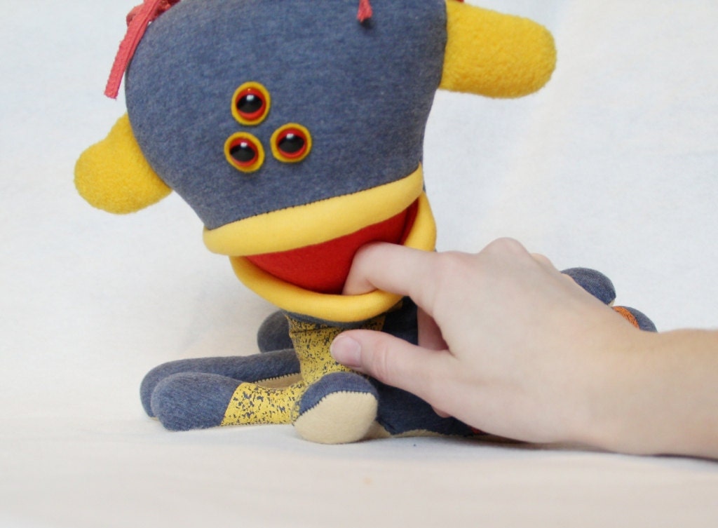 Tentacloid  A54-  monster plush recycled creature alien weird reused toy blue yellow geek cuddly