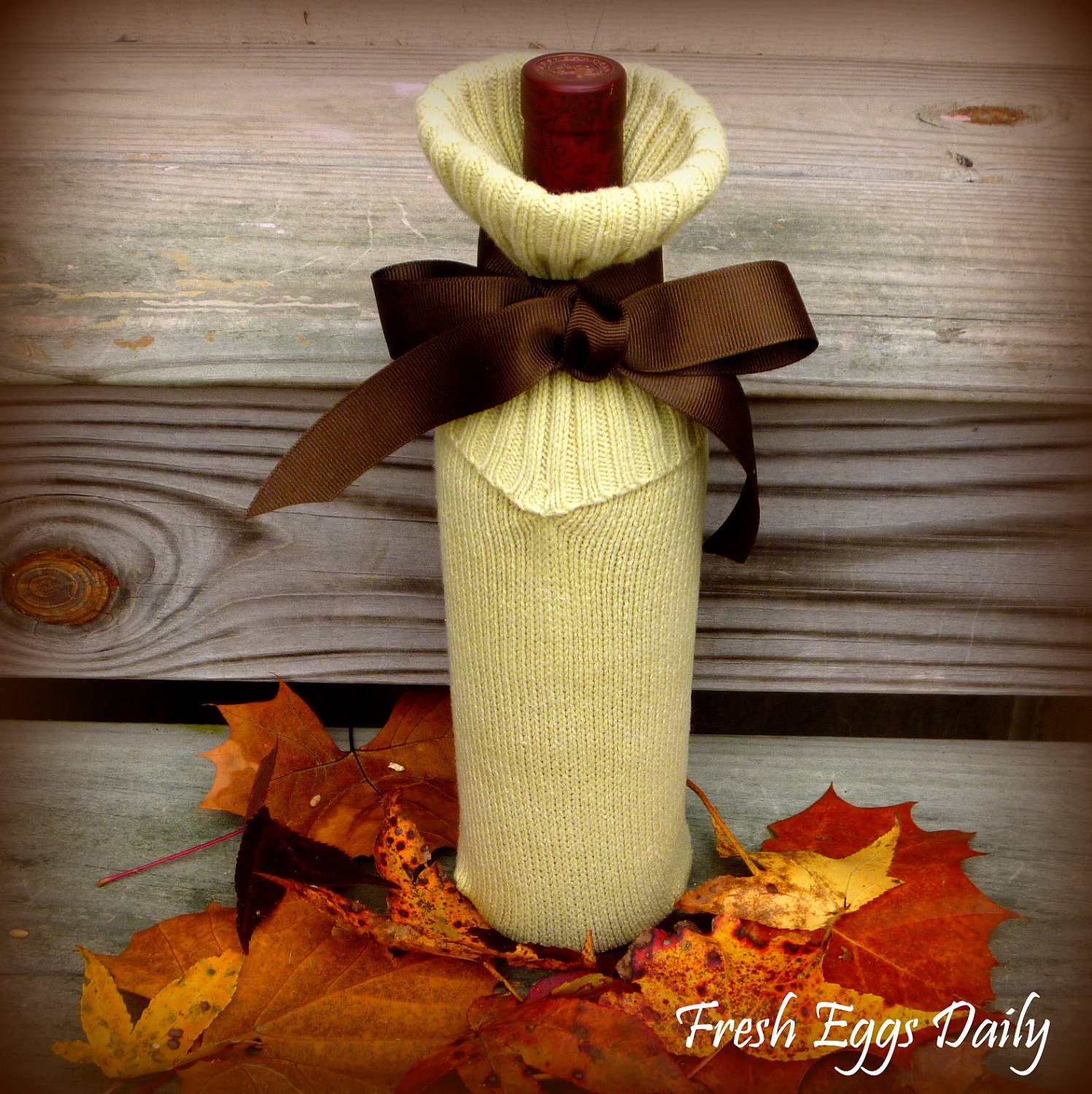 Sage Green Wine Sweater Sock Cozy with Ribbon Bow Holiday Gift Idea from Repurposed Sweater
