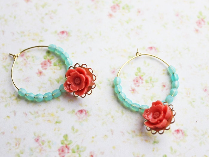 Spring Girl Rose Flower Hoops Earrings. Beach Wedding. Seafoam and Coral Flower. Fashion. Spring Wedding. Bohemian. Summer.