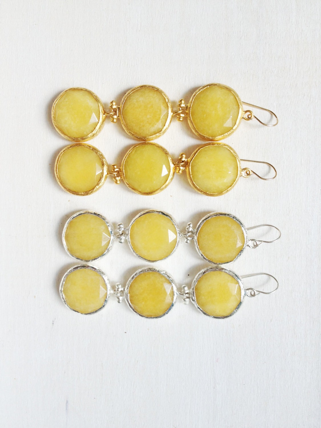 wedding earrings fashion LARGE long bold  triple earrings sunshine lemon yellow jade stone silver or gold statment earrings israel
