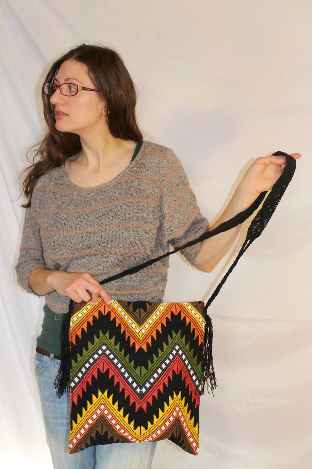 Chevron Ethnic Fringe Black Retro Guatemalan Blanket Purse Bag