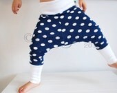 Blue white stretchy baggy leggings toddler pants cute funky harem trousers childrens unisex nautical polka dot spotty boys girls clothes
