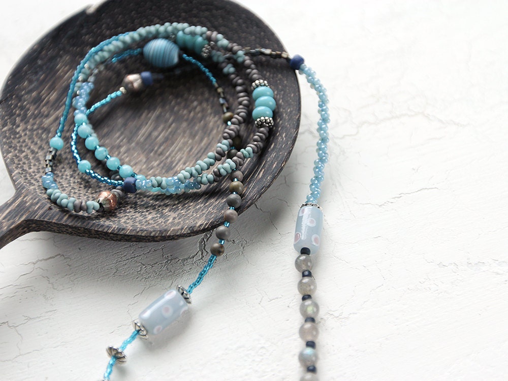 Long Bohemian Bead Necklace. Handmade Jewellery. Labradorite, Quartz, Lampwork Glass and Seed Bead Necklace - VintageRoseShop