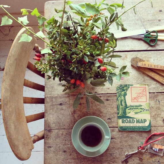 Limited Edition Signed Print of The Table. 'November' featuring a Vintage Map, Rose Hips and Ruby Slippers.