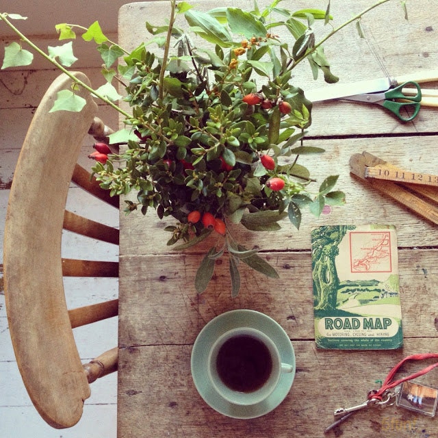 Limited Edition Signed Print of The Table. 'November' featuring a Vintage Map, Rose Hips and Ruby Slippers.