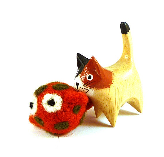 Wool Catnip Cat Toy Fish Pumpkin Orange and Olive Green