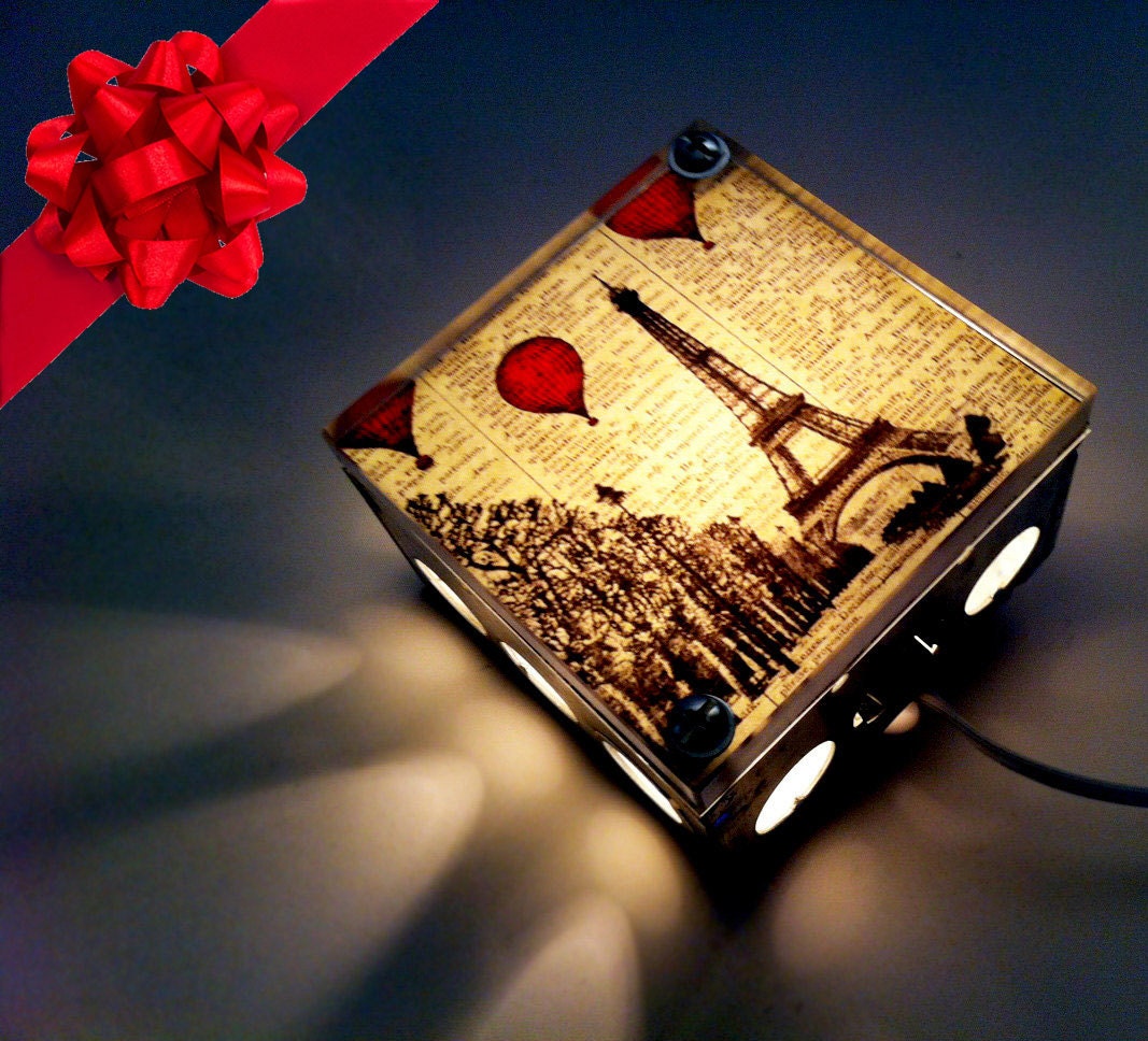 Hot Air Balloons Over Paris Repurposed Vintage Dictionary Light Box Night Lights