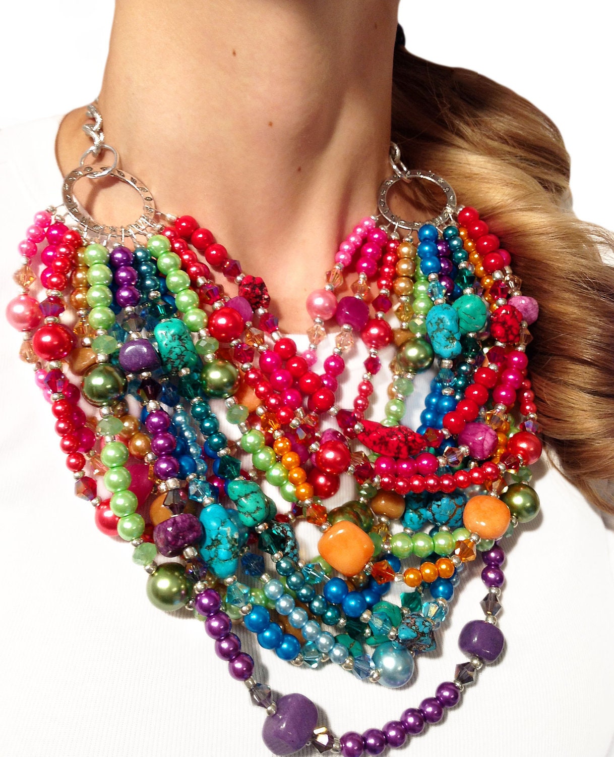 SUPER STATEMENT Necklace,Rainbow, Pink, Purple, Yellow, Orange, Green, Blue, Multi-strand, Stones, Crystals, Jewelry by Jessica Theresa
