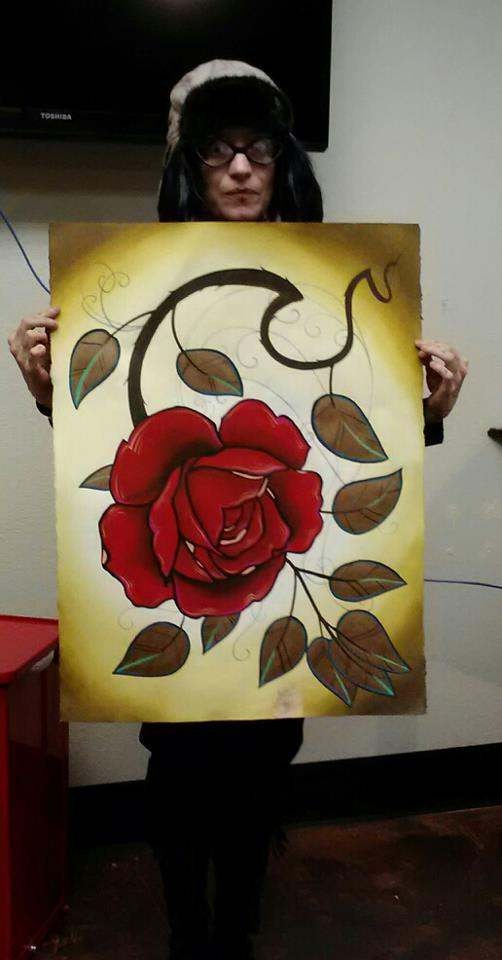 tattoo red rose watercolor painting, oversize painting, traditional tattoo art