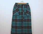 Vintage Plaid Skirt - 1970s - Teal Blue A-Line - Small X-Small