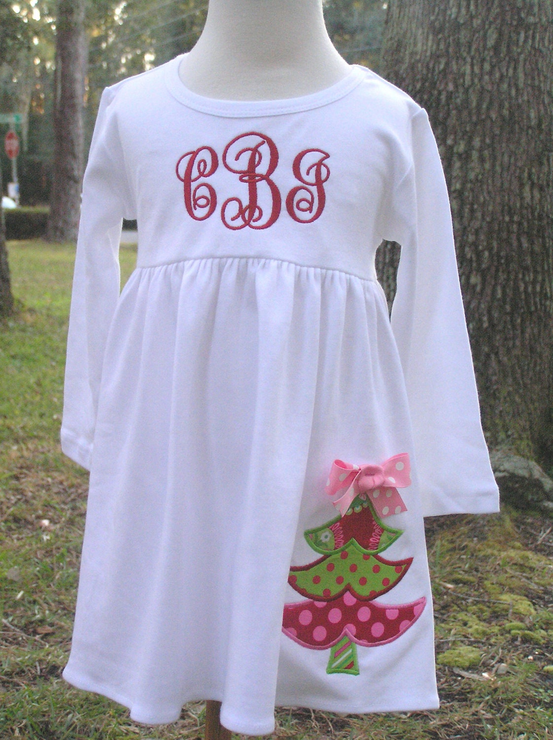 Long Sleeve White Christmas Tree Dress with Monogram