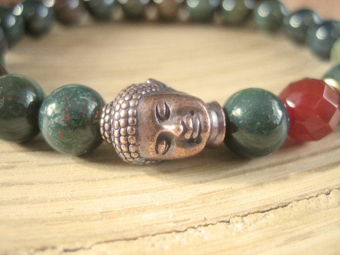 Buddha Bracelet - Bloodstone Bracelet with Faceted Carnelian Bead and Copper Buddha Head, Forest Green and Red Stone