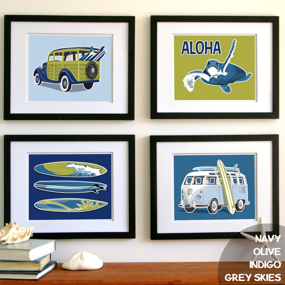 childrens wall art - surfer boy beach art prints surf art prints - custom colors-  surfing decor - kids art