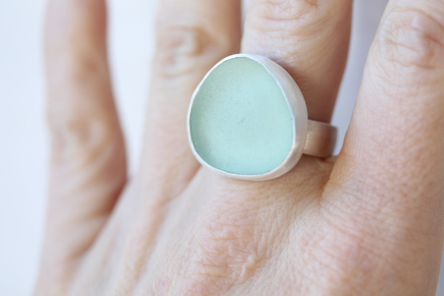 Sea Glass & Sterling Silver Ring - Light Aqua